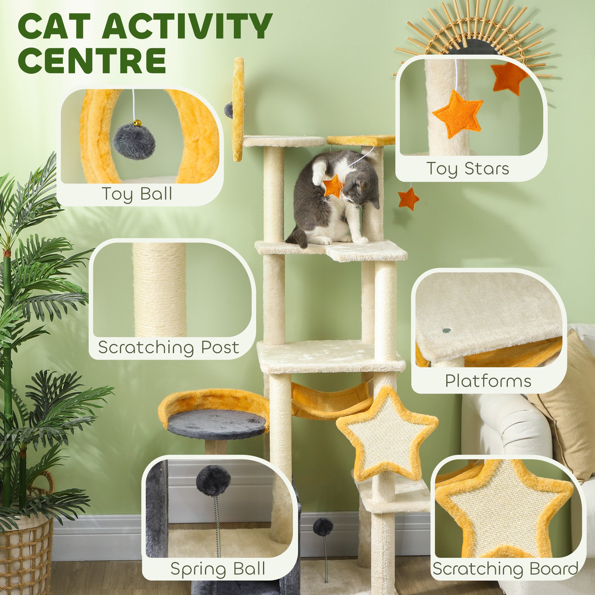 63" Moon & Star Cat Tree Scratching Post, Hammock, Condo, Toys