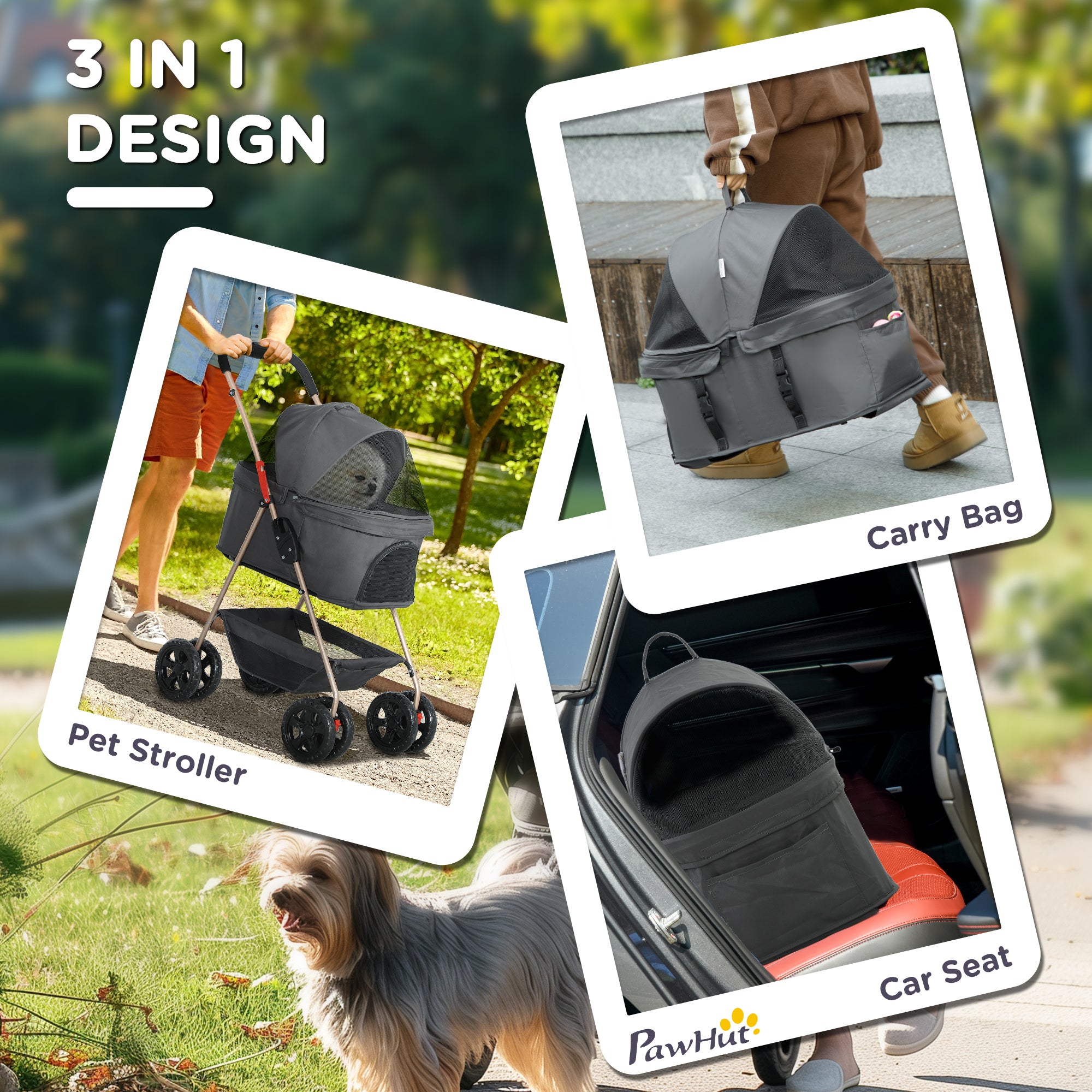 3-in-1 Gray Pet Stroller with Detachable Carrier & Storage