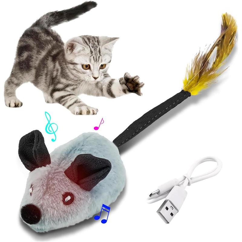Interactive LED Cat Mouse Toy USB Rechargeable with Feather Tail