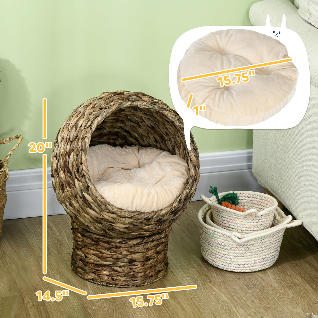 Handwoven Elevated Cat Bed Egg Chair Wicker Basket with Cushion