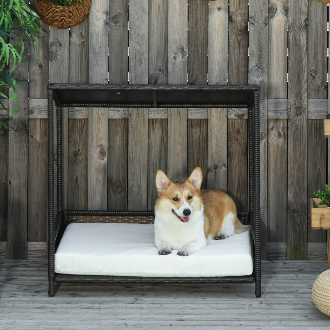 Raised Wicker Dog House Rattan Pet Bed with Removable Cushion