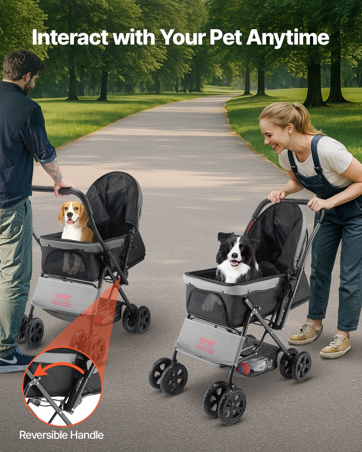 Foldable 4-Wheel Pet Stroller Reversible Handle, Supports Up to 44 lbs
