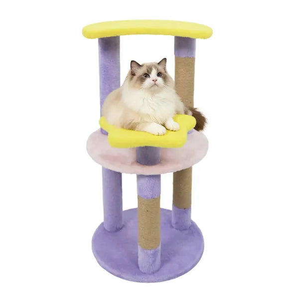 29 inch cat tree with scratching posts featuring a cat lounging on colorful levels.