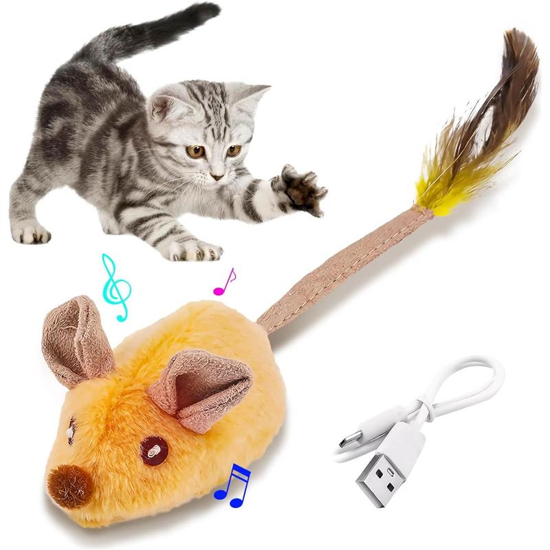 Interactive LED Cat Mouse Toy USB Rechargeable with Feather Tail