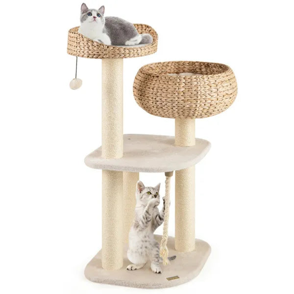 41" Hand-Woven Water Hyacinth Cat Tree with Sisal Scratching Posts
