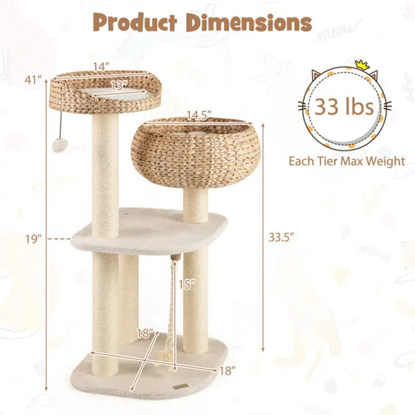 41" Hand-Woven Water Hyacinth Cat Tree with Sisal Scratching Posts