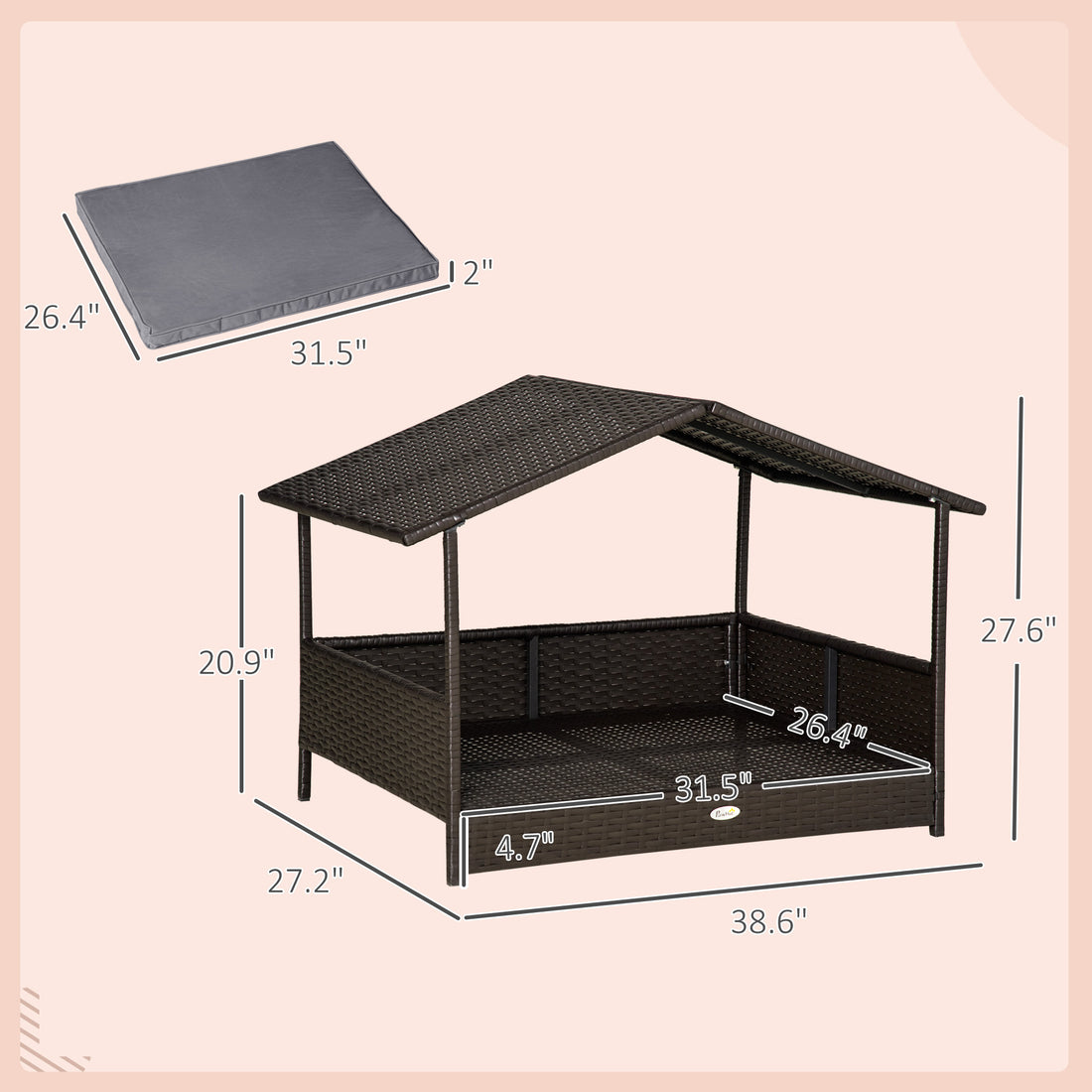 Wicker Outdoor Dog House Raised Rattan Bed with Canopy & Cushion