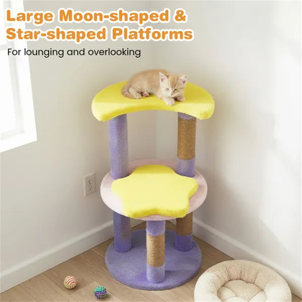 29 inch cat tree with scratching posts featuring large moon and star-shaped platforms for lounging cats.