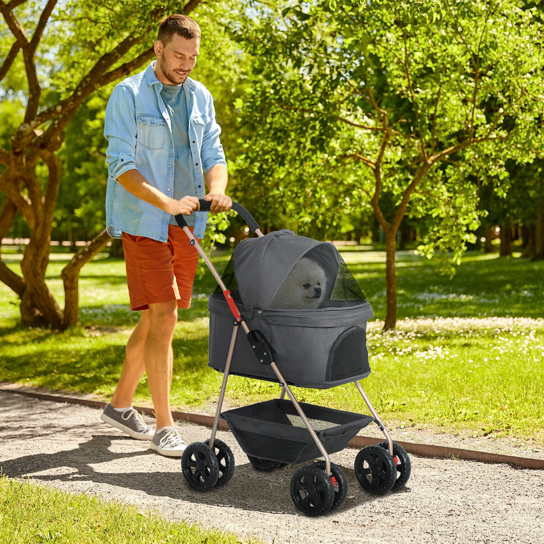 3-in-1 Gray Pet Stroller with Detachable Carrier & Storage