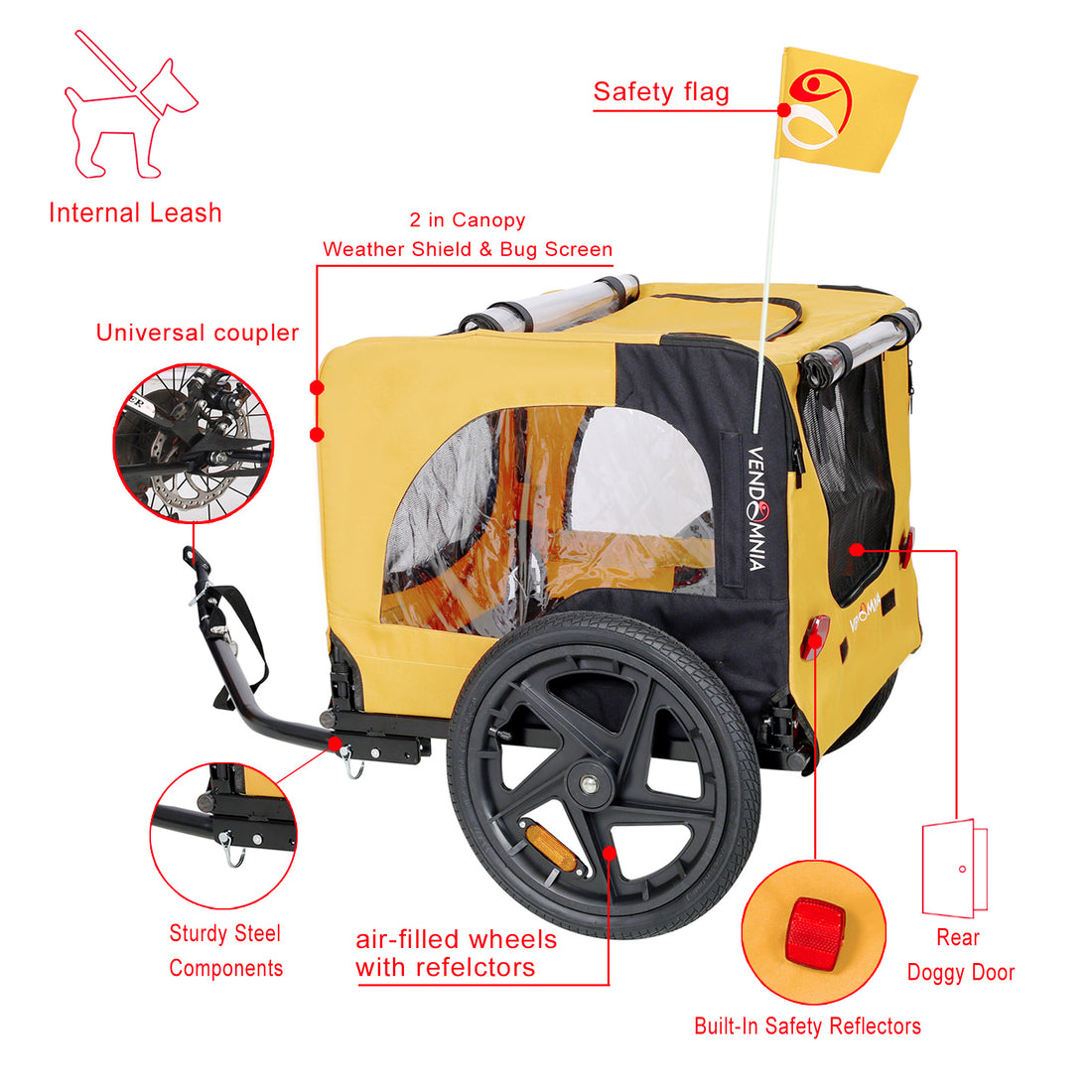 Yellow Foldable Heavy-Duty Dog Stroller with Bike Tow
