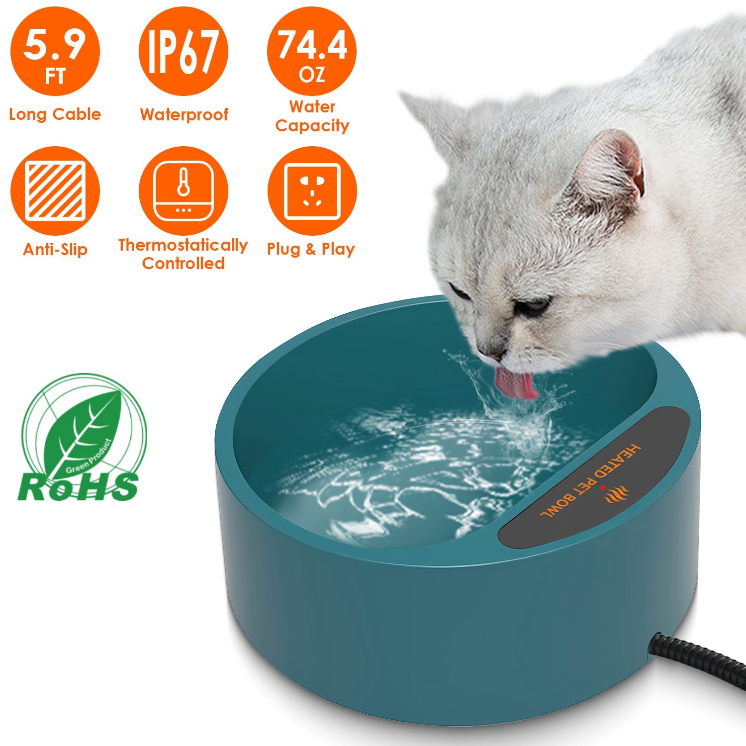 Heated Pet Water Bowl 74.4oz Waterproof Thermal Dog & Cat Feeder