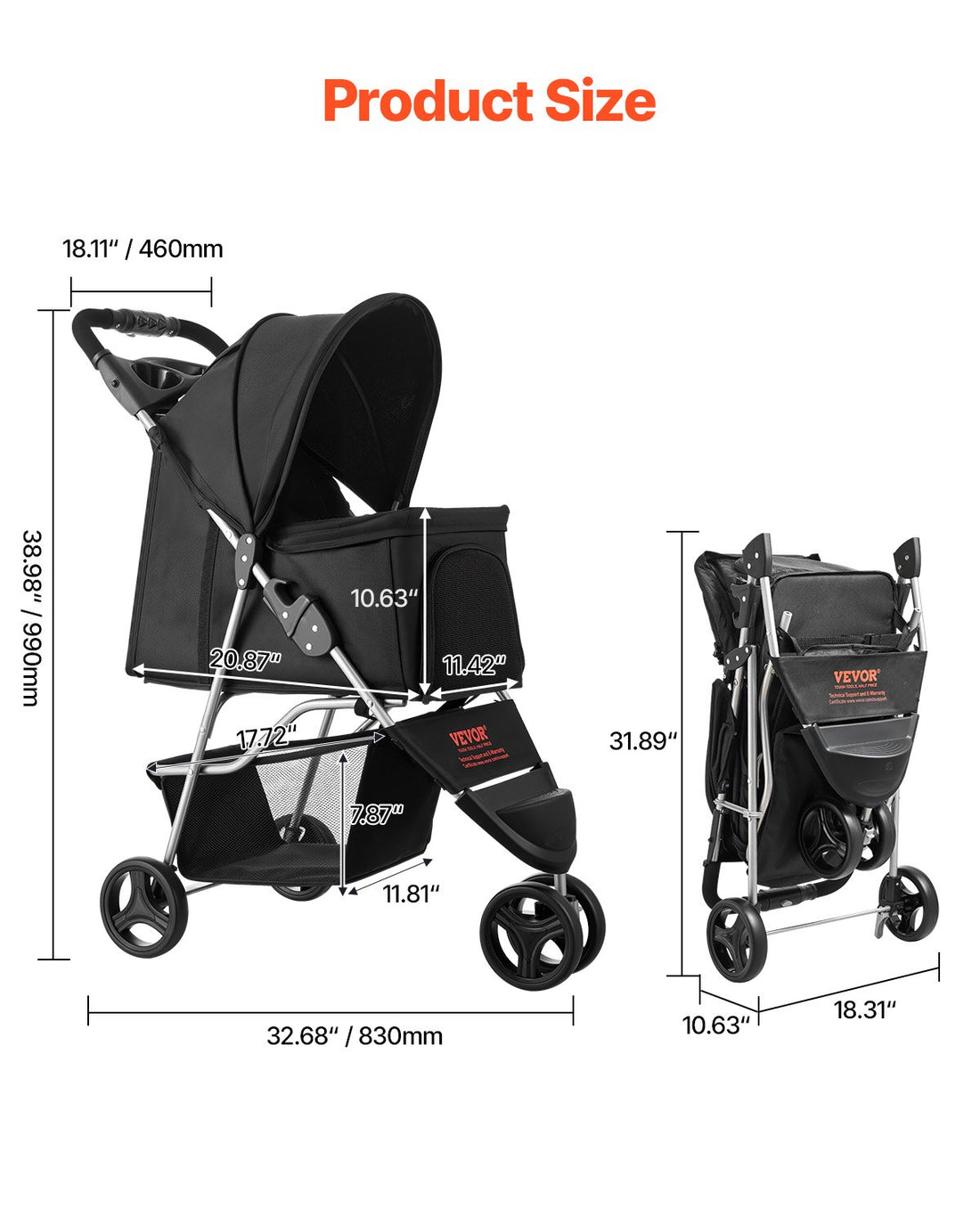 Pet Stroller Foldable 3 Wheels Dog Stroller With Brake Up To 35lbs Travel Camp