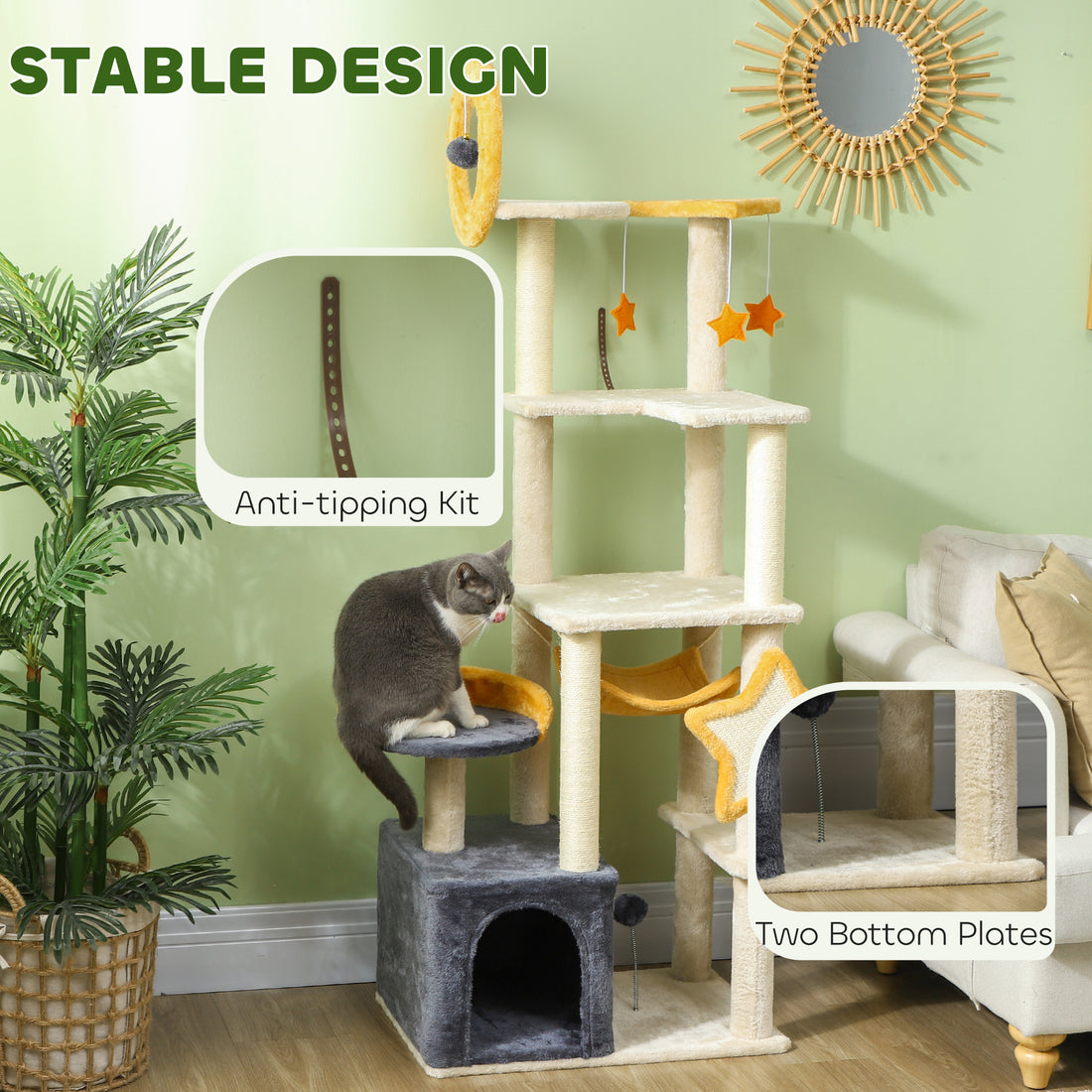63" Moon & Star Cat Tree Scratching Post, Hammock, Condo, Toys