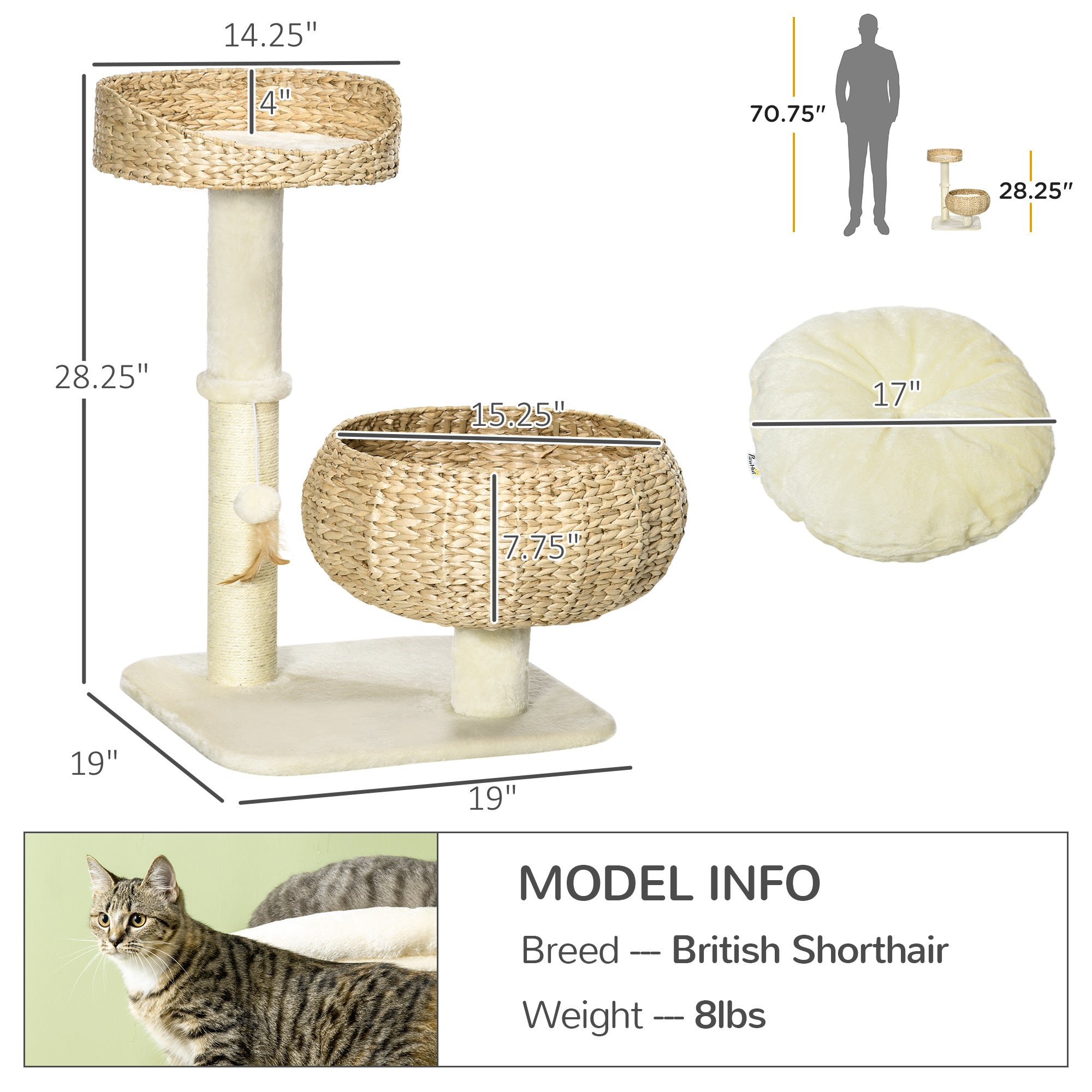 28" Elevated Cat Bed with Sisal Scratching Post Modern Cat Tree with Basket & Toy