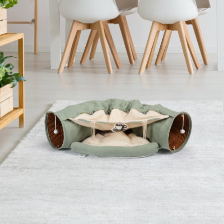 Telescopic Cat Tunnel with Cushioned Bed, Teasing Balls & Zipper Connection
