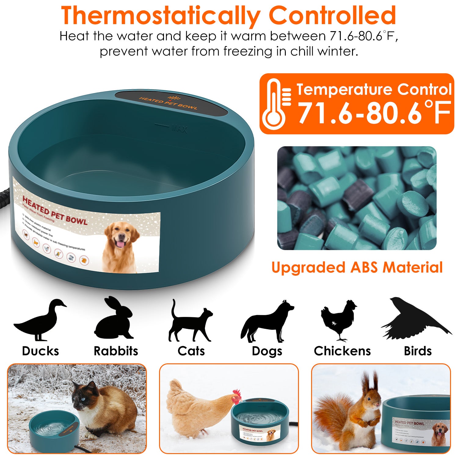 Heated Pet Water Bowl 74.4oz Waterproof Thermal Dog & Cat Feeder
