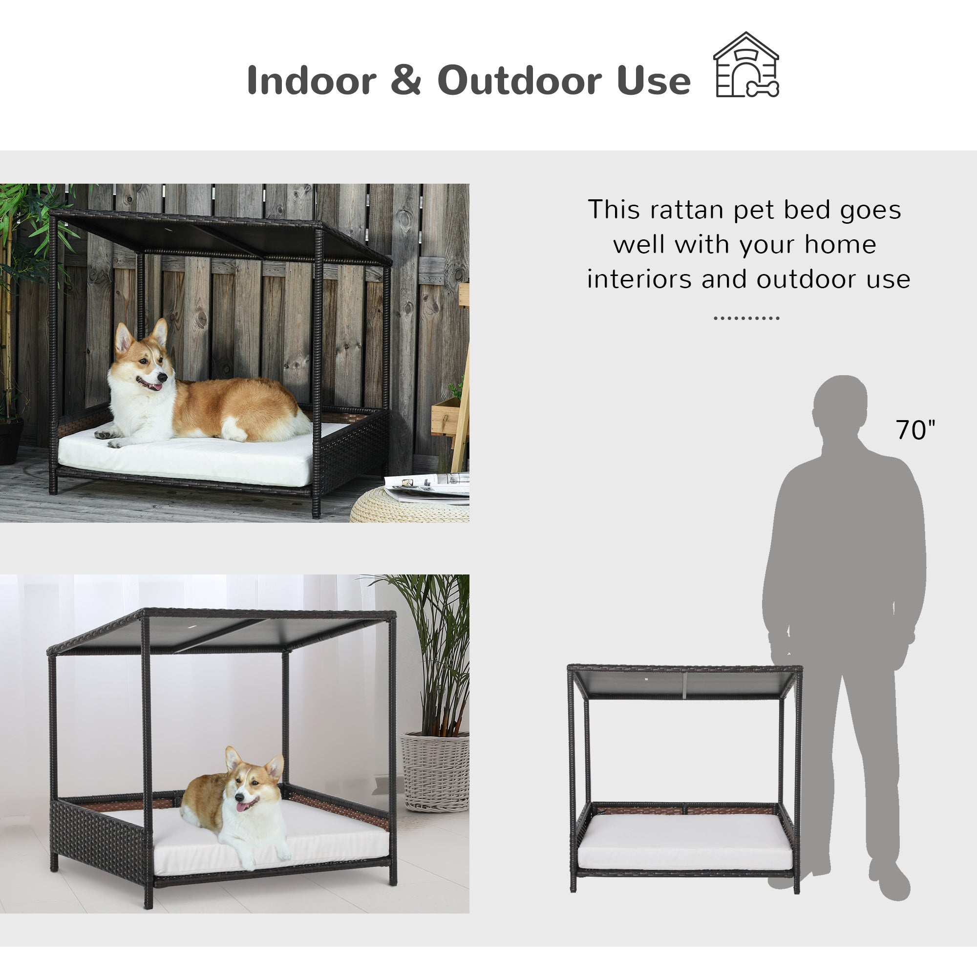 Raised Wicker Dog House Rattan Pet Bed with Removable Cushion