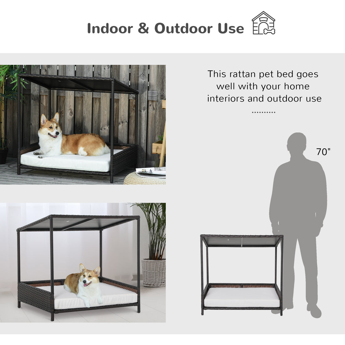 Raised Wicker Dog House Rattan Pet Bed with Removable Cushion