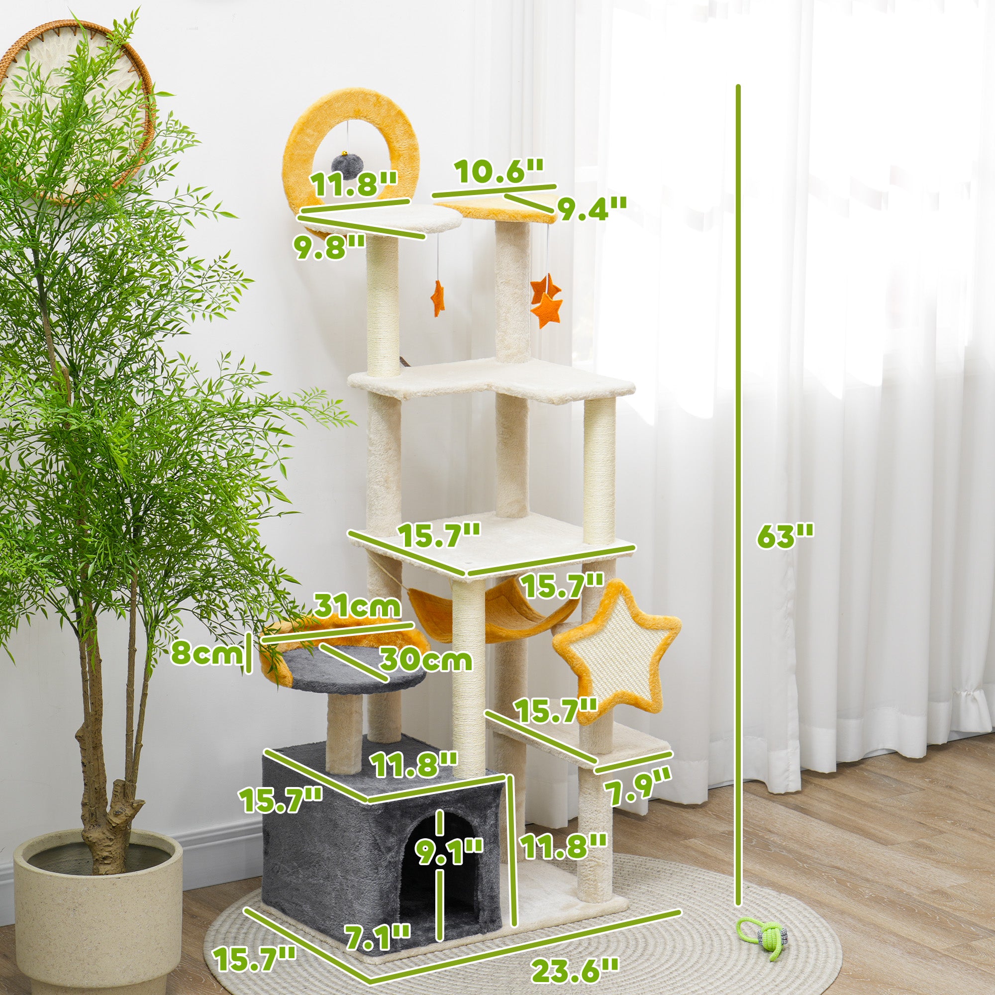 63" Moon & Star Cat Tree Scratching Post, Hammock, Condo, Toys