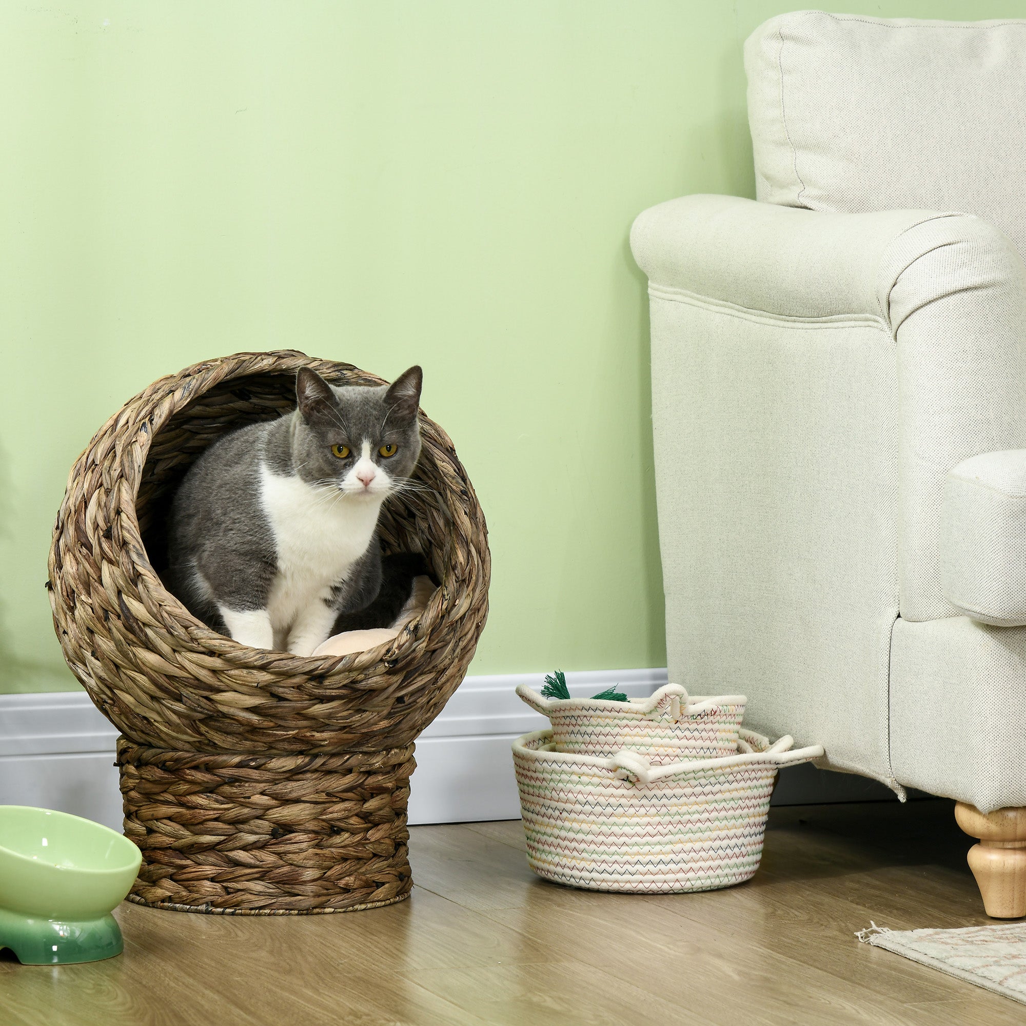 Handwoven Elevated Cat Bed Egg Chair Wicker Basket with Cushion