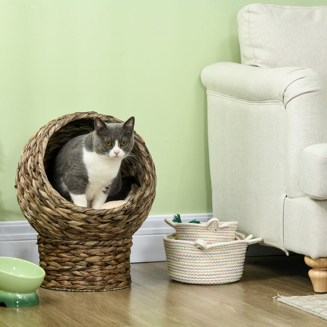 Handwoven Elevated Cat Bed Egg Chair Wicker Basket with Cushion