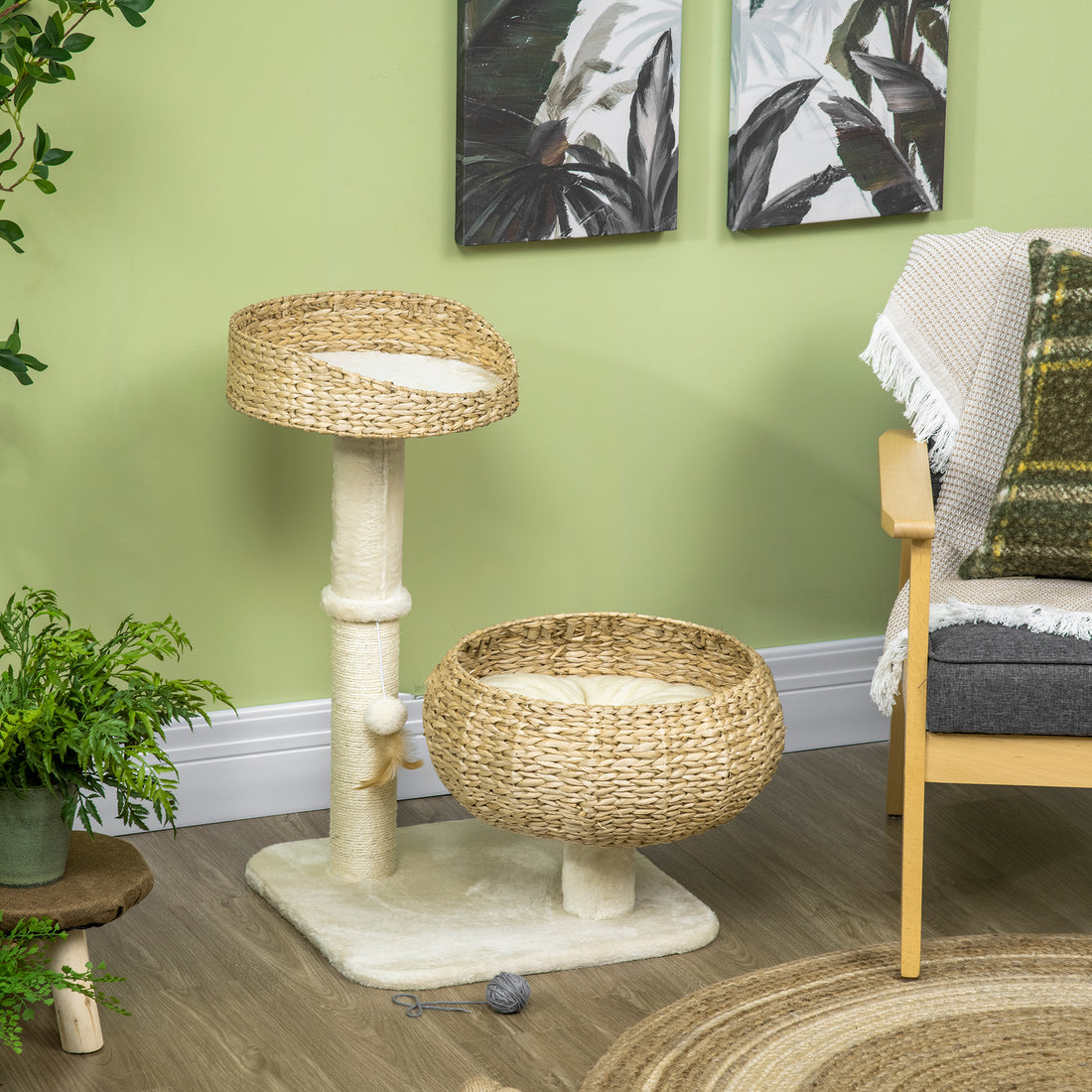28" Elevated Cat Bed with Sisal Scratching Post Modern Cat Tree with Basket & Toy