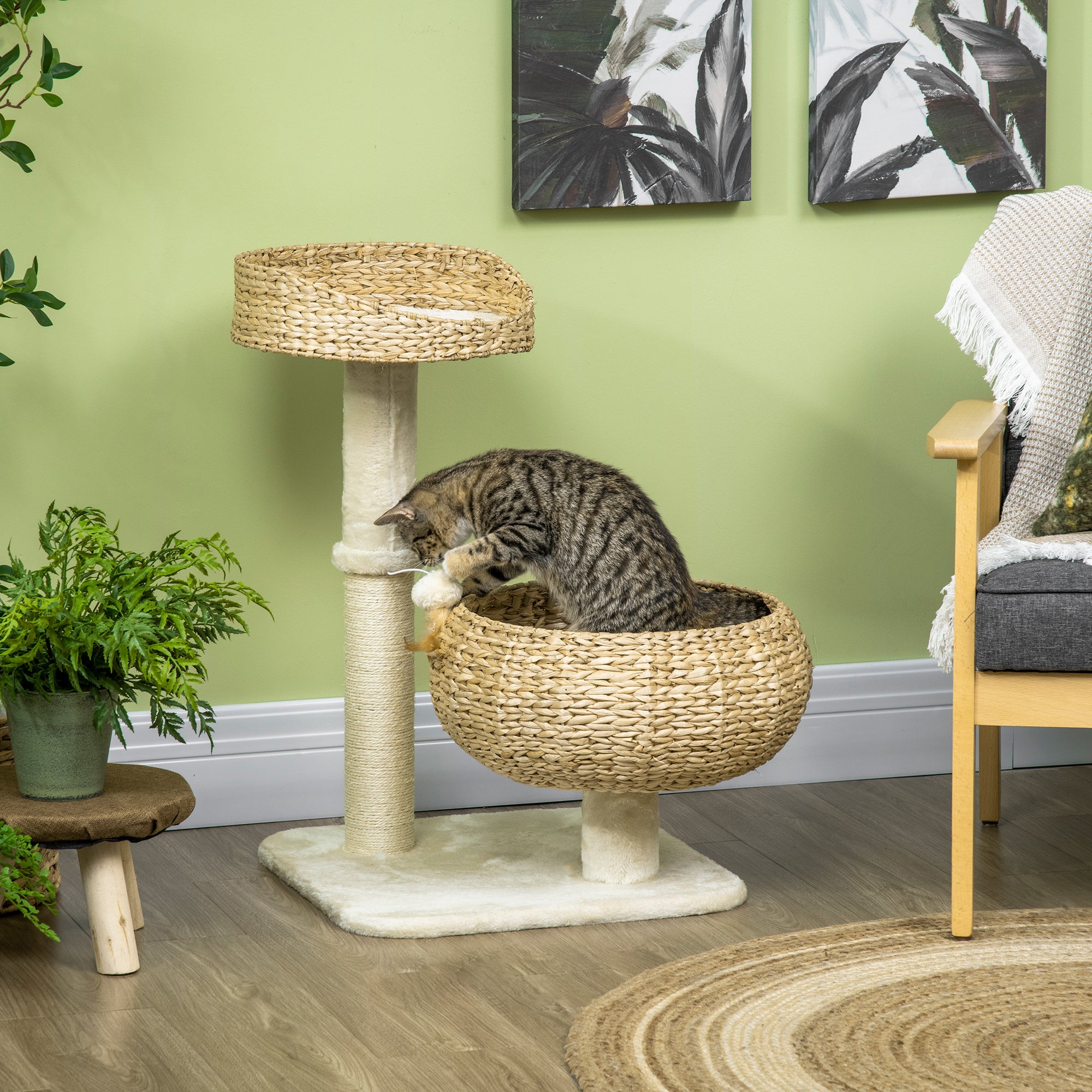 28" Elevated Cat Bed with Sisal Scratching Post Modern Cat Tree with Basket & Toy