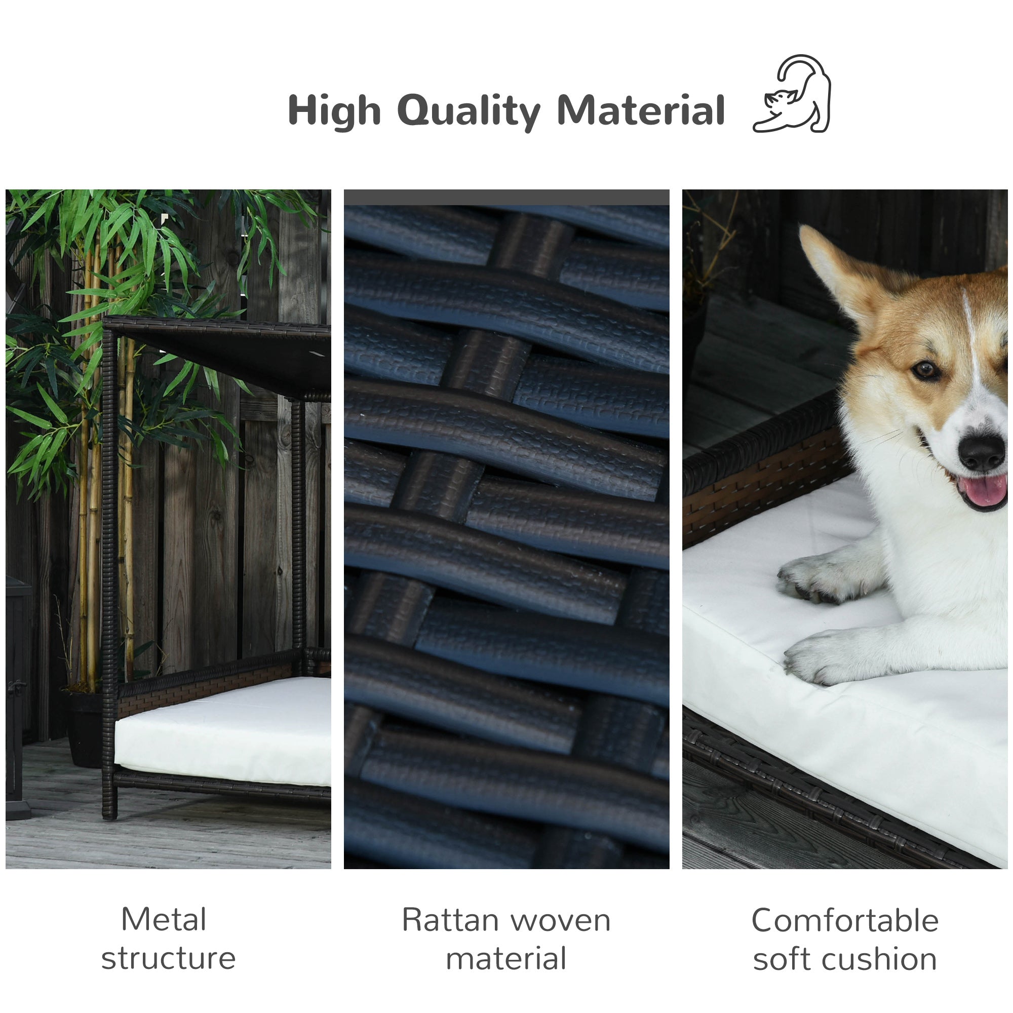 Raised Wicker Dog House Rattan Pet Bed with Removable Cushion