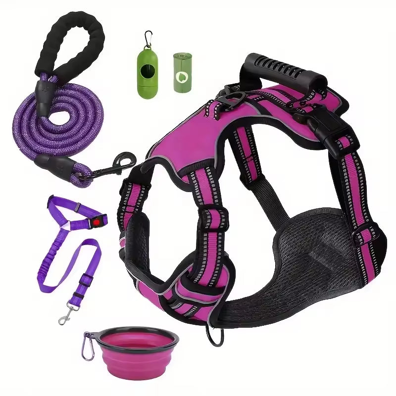 Tactical Service Dog Harness Kit Seat Belt, Collapsible Bowl & Trash Bag
