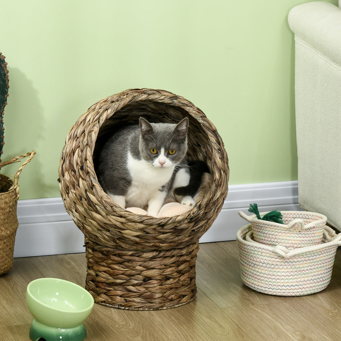 Handwoven Elevated Cat Bed Egg Chair Wicker Basket with Cushion