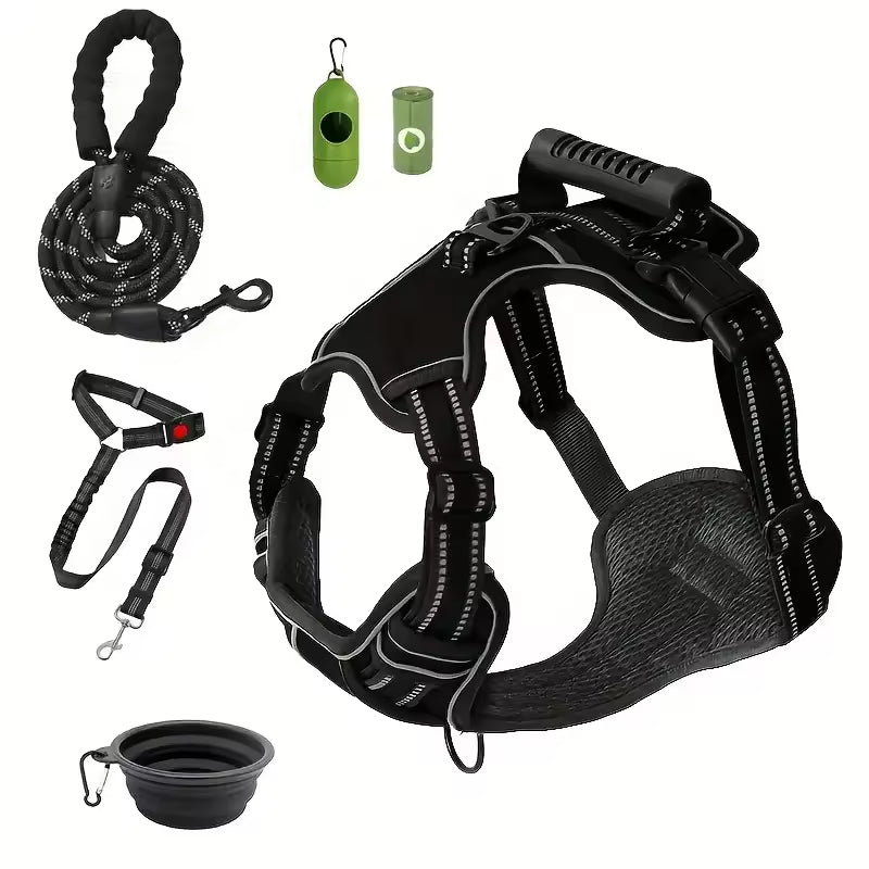 Tactical Service Dog Harness Kit Seat Belt, Collapsible Bowl & Trash Bag