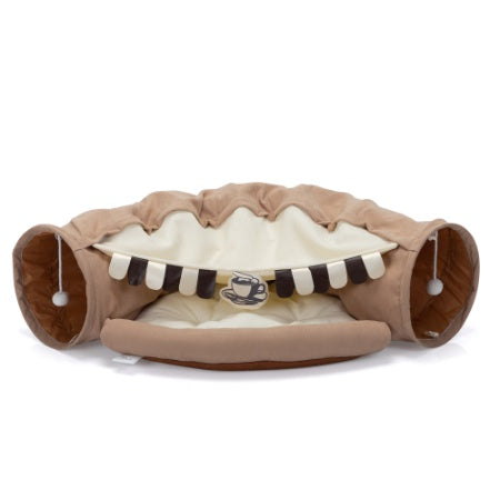 Telescopic Cat Tunnel with Cushioned Bed, Teasing Balls & Zipper Connection