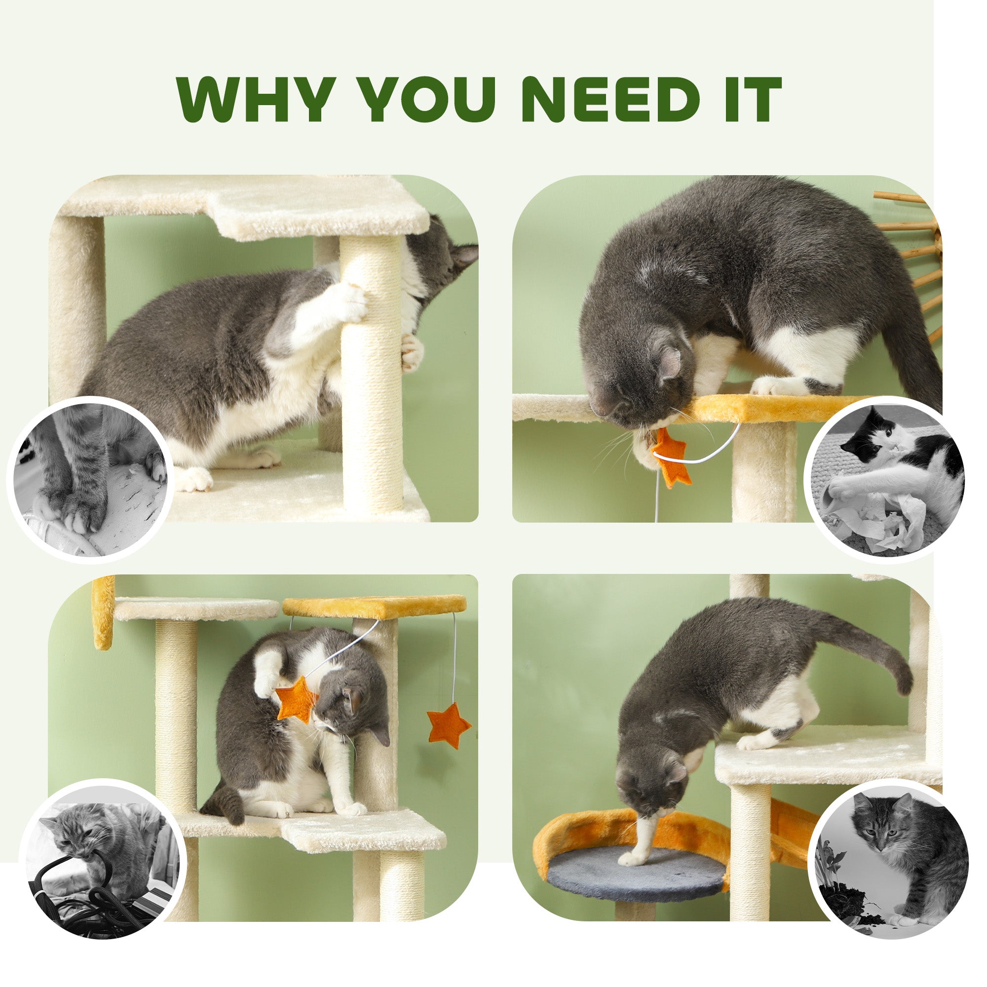 63" Moon & Star Cat Tree Scratching Post, Hammock, Condo, Toys