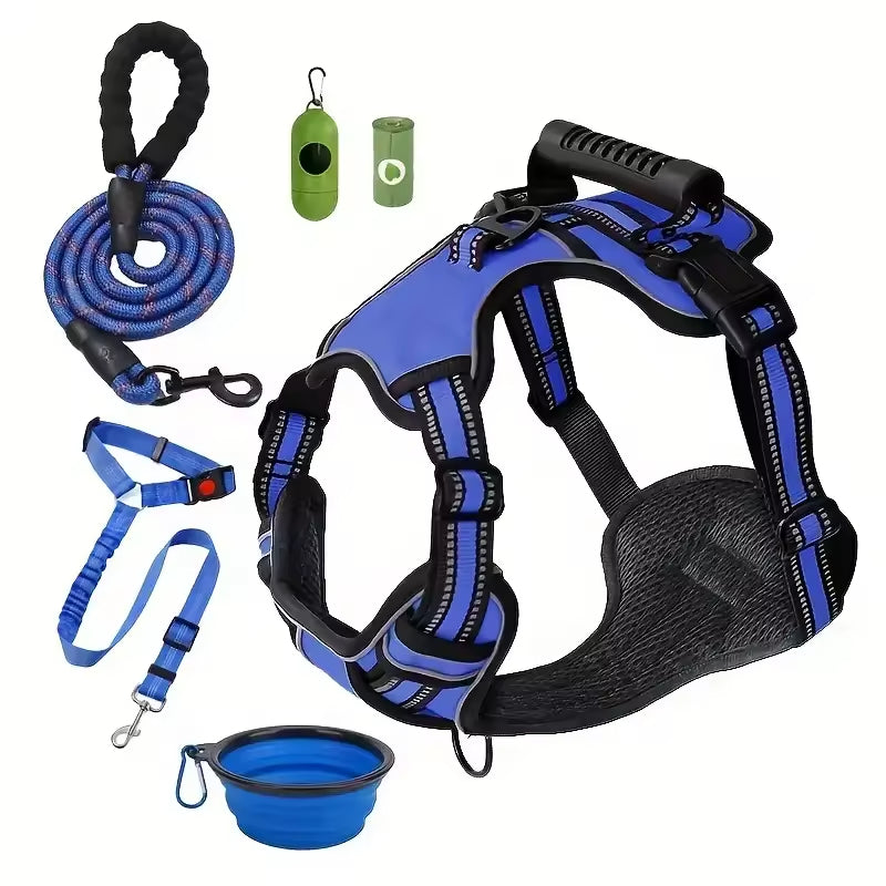 Tactical Service Dog Harness Kit Seat Belt, Collapsible Bowl & Trash Bag