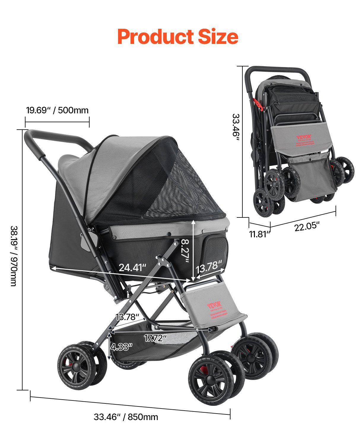 Foldable 4-Wheel Pet Stroller Reversible Handle, Supports Up to 44 lbs