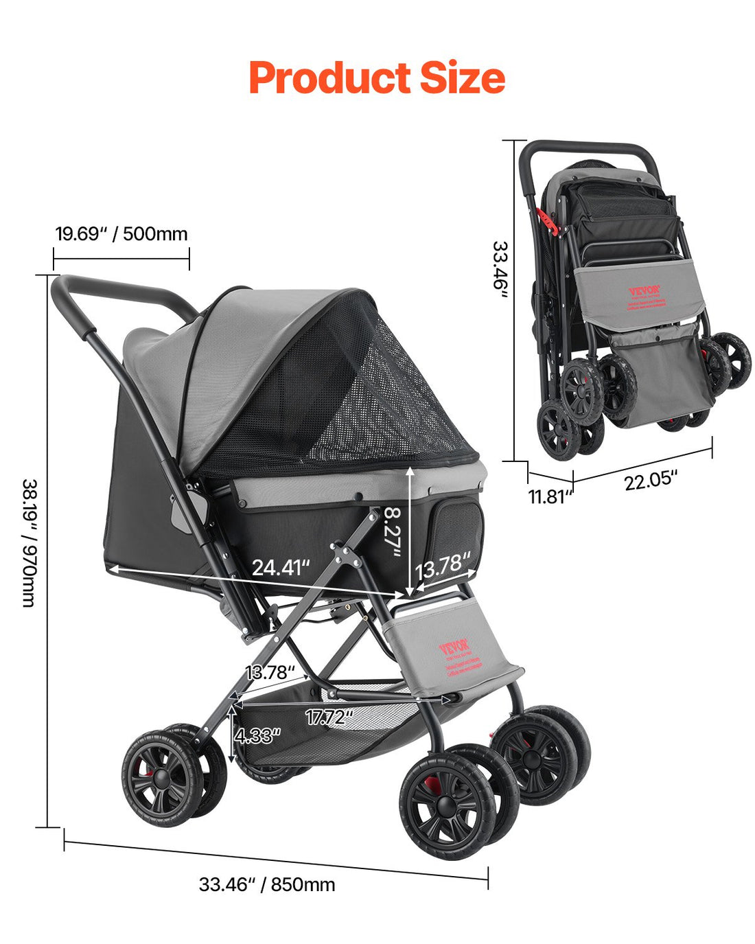 Foldable 4-Wheel Pet Stroller Reversible Handle, Supports Up to 44 lbs