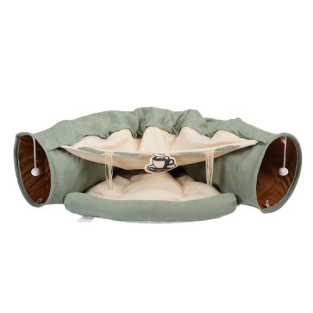 Telescopic Cat Tunnel with Cushioned Bed, Teasing Balls & Zipper Connection
