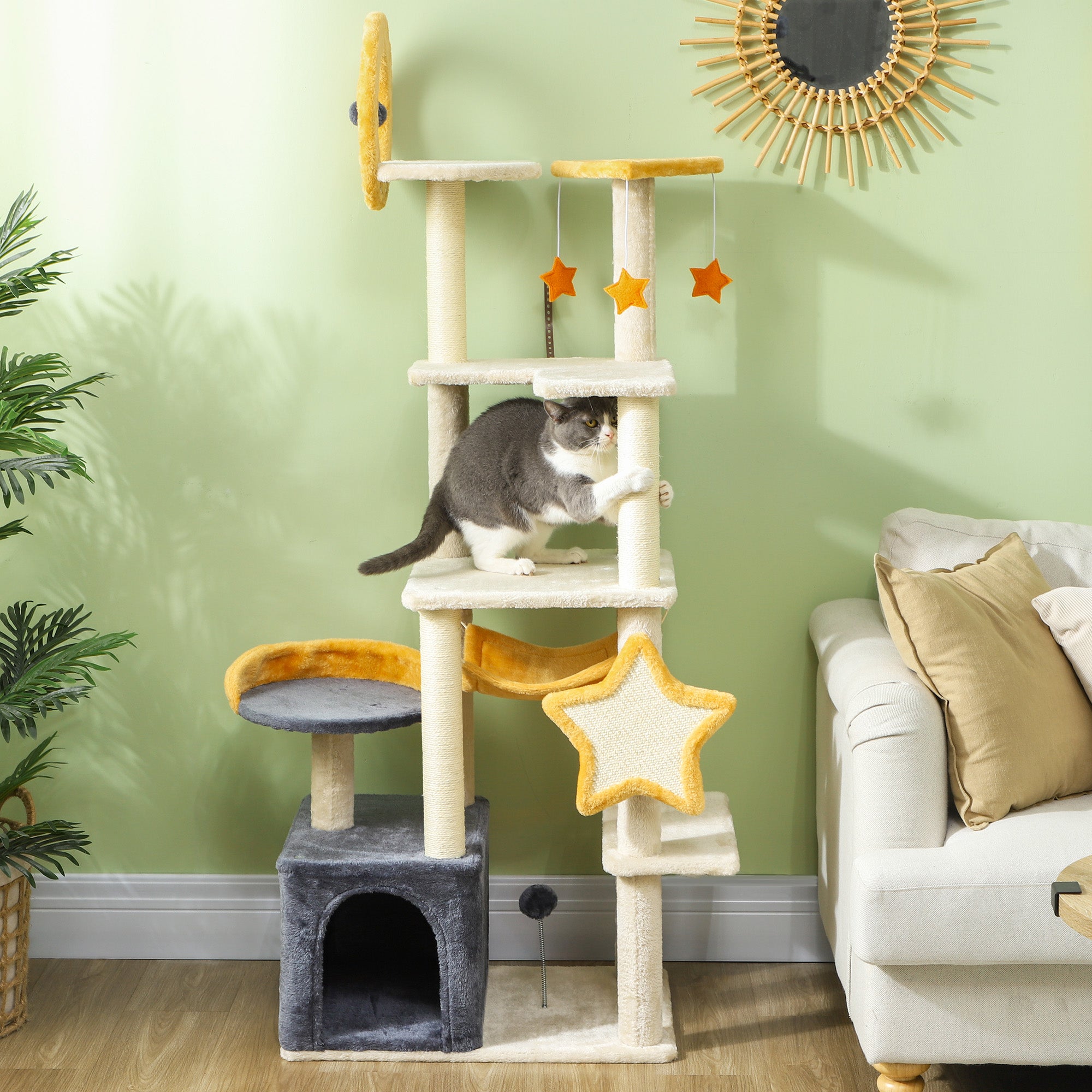 63" Moon & Star Cat Tree Scratching Post, Hammock, Condo, Toys