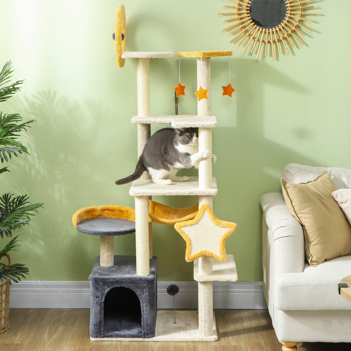 63" Moon & Star Cat Tree Scratching Post, Hammock, Condo, Toys