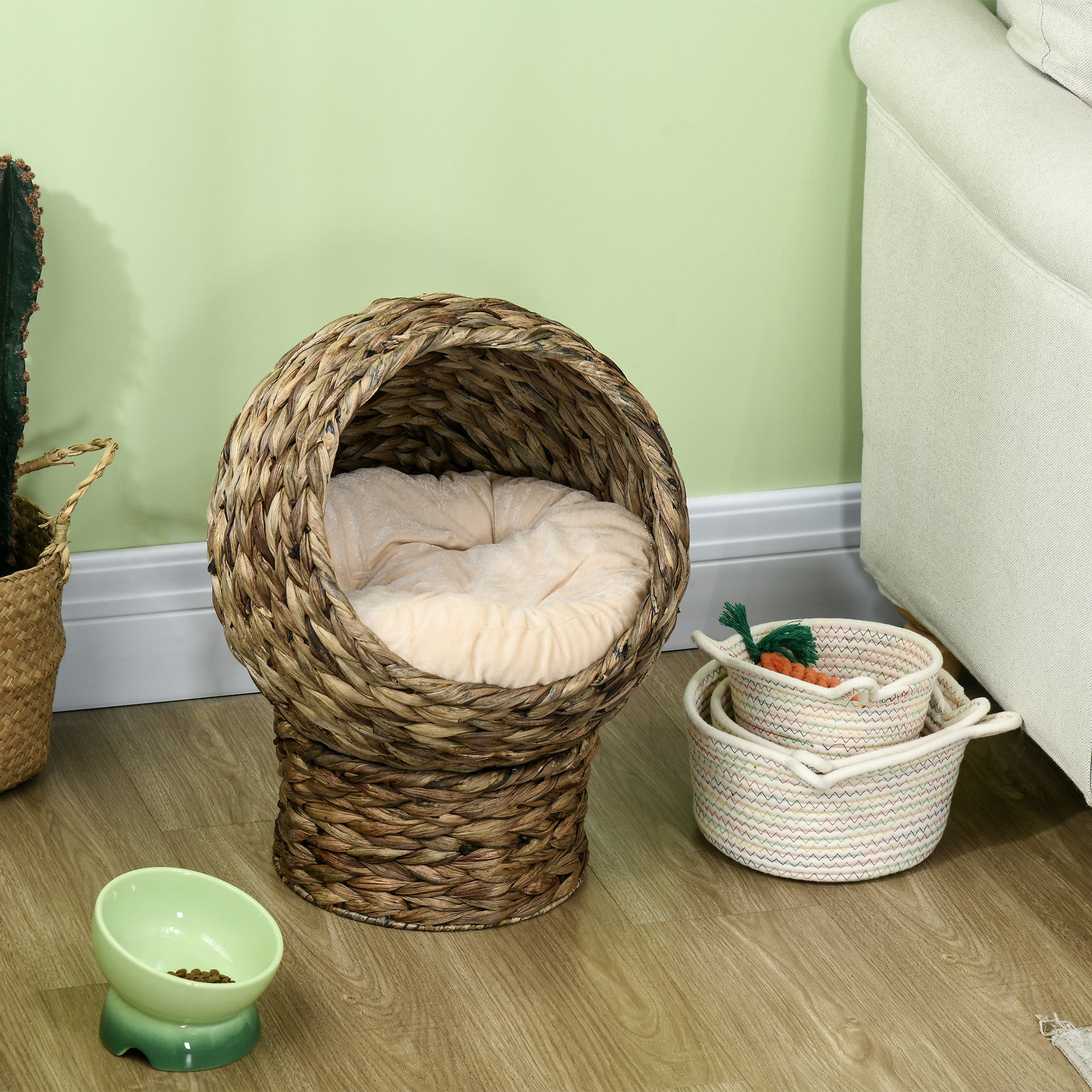Handwoven Elevated Cat Bed Egg Chair Wicker Basket with Cushion