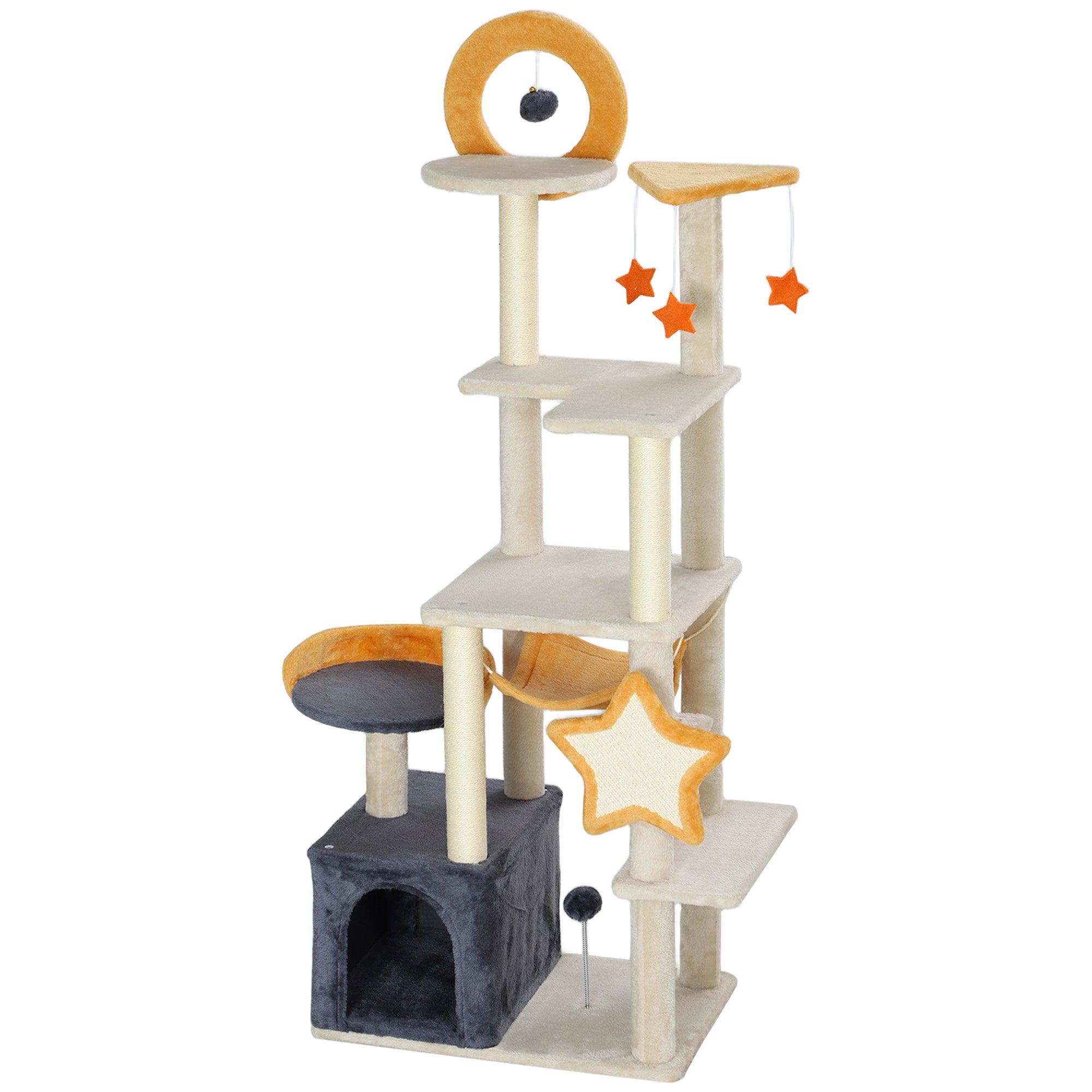 63" Moon & Star Cat Tree Scratching Post, Hammock, Condo, Toys