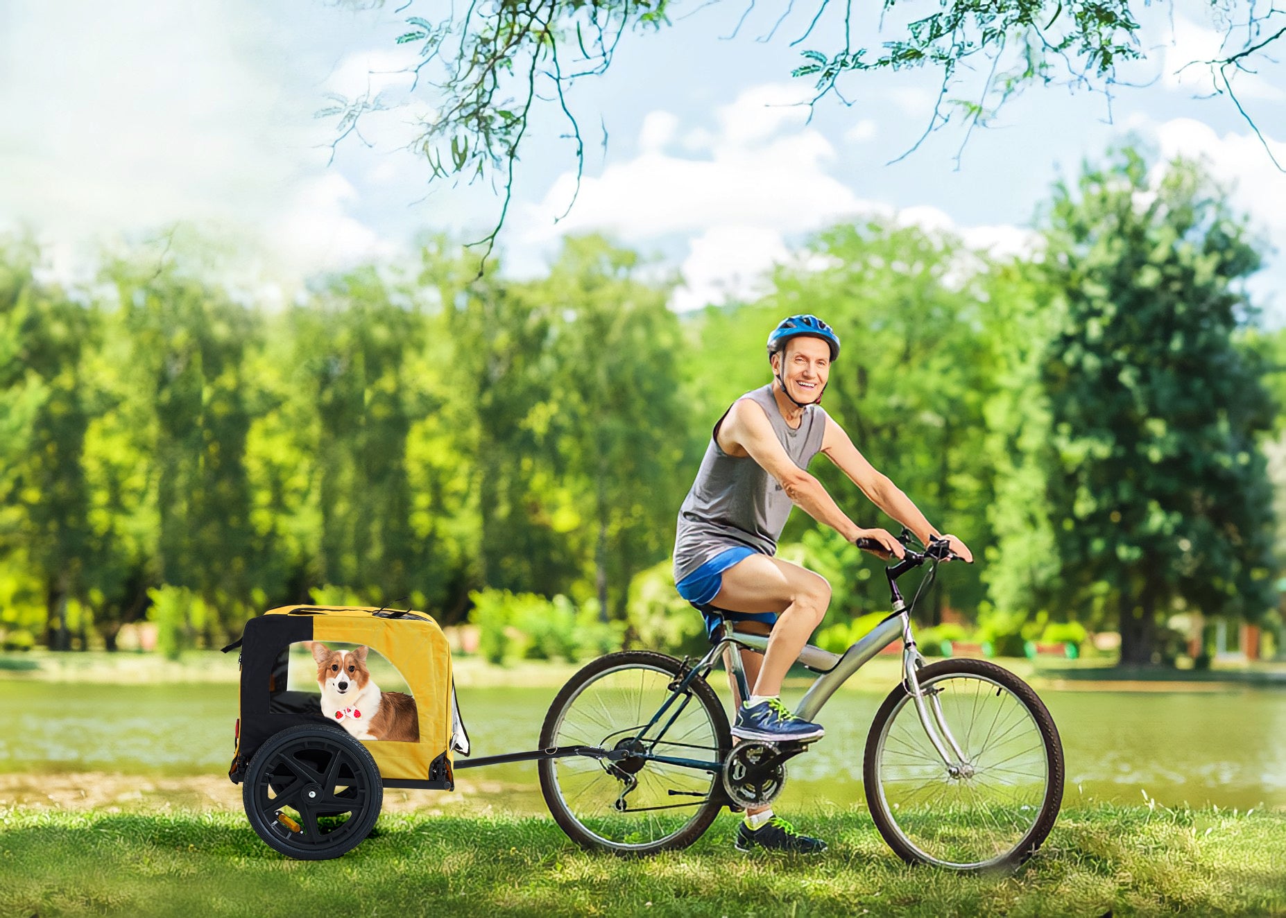 Yellow Foldable Heavy-Duty Dog Stroller with Bike Tow