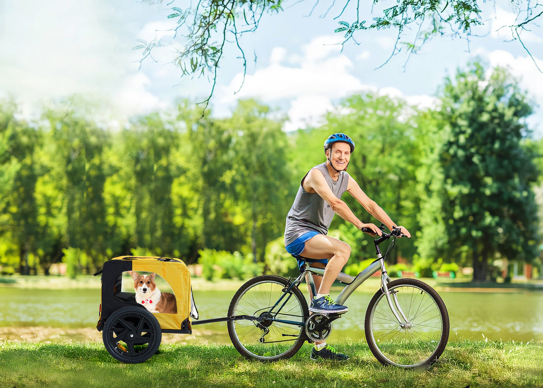 Yellow Foldable Heavy-Duty Dog Stroller with Bike Tow