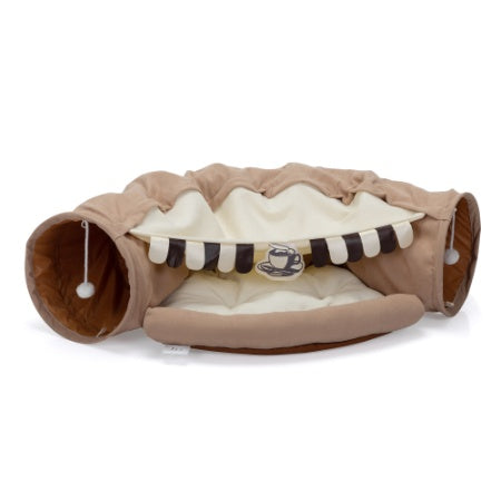 Telescopic Cat Tunnel with Cushioned Bed, Teasing Balls & Zipper Connection