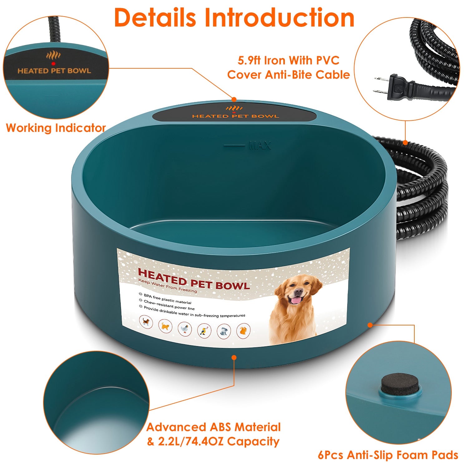 Heated Pet Water Bowl 74.4oz Waterproof Thermal Dog & Cat Feeder