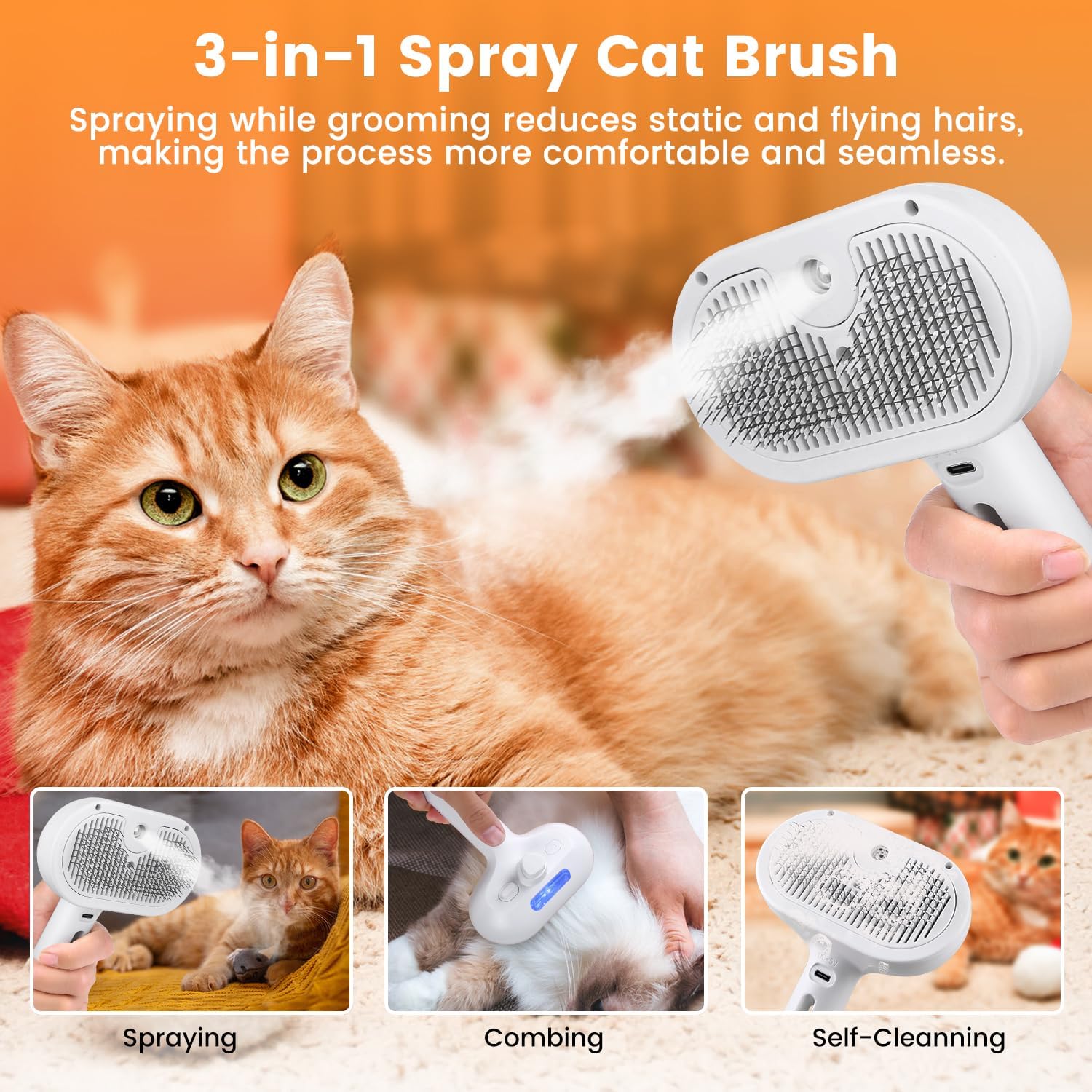 3-in-1 Pet Steam Brush Hair Removal & Grooming for Cats and Dogs