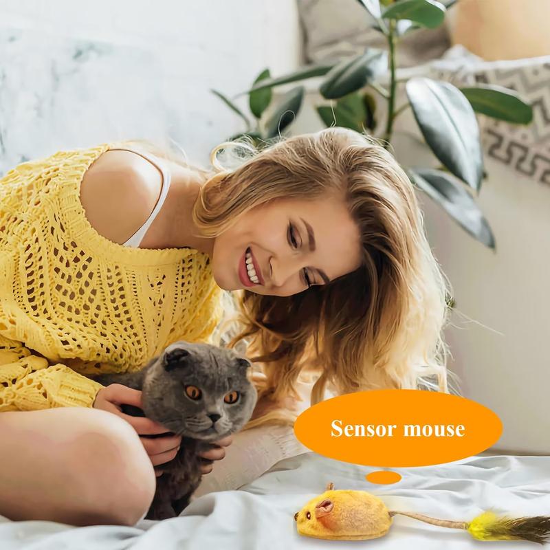 Interactive LED Cat Mouse Toy USB Rechargeable with Feather Tail