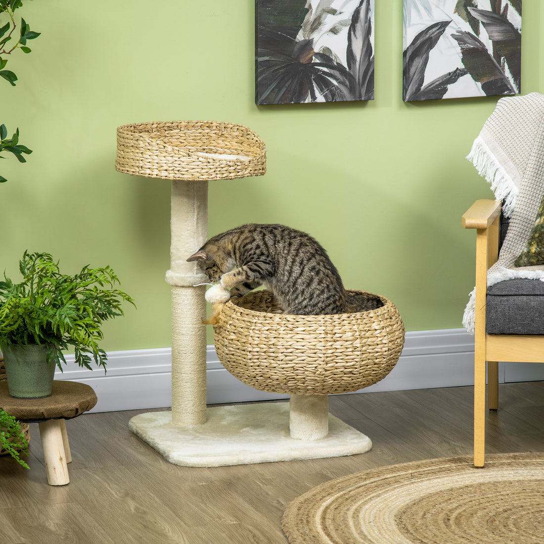28" Elevated Cat Bed with Sisal Scratching Post Modern Cat Tree with Basket & Toy