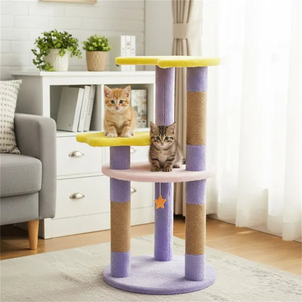 Two kittens playing on a 29 inch cat tree with scratching posts featuring yellow and pink platforms.