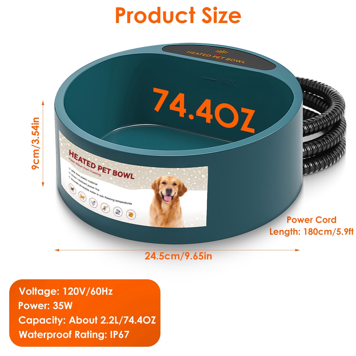Heated Pet Water Bowl 74.4oz Waterproof Thermal Dog & Cat Feeder
